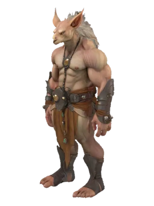 3D model for Create a highly detailed, ultra-realistic, smooth, anthropomorphic creature with an ultra muscular, warrior-like physique and broad shoulders 400 cm. The creature should be adorned with loincloth leather and gems that accentuates its already impressive physique, he creatures face should be expressive, with a fierce determination in its eyes. Extreme steampunk style. Full Body, a-pose. Super high quality, especial on the inside of the legs and arms. No loose parts.