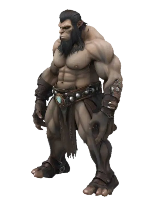 3D model for Create a highly detailed, ultra-realistic, smooth, anthropomorphic creature with an ultra muscular, warrior-like physique and broad shoulders 400 cm. The creature should be adorned with loincloth leather and gems that accentuates its already impressive physique, he creatures face should be expressive, with a fierce determination in its eyes. Extreme steampunk style. Full Body, a-pose. Super high quality, especial on the inside of the legs and arms. No loose parts.