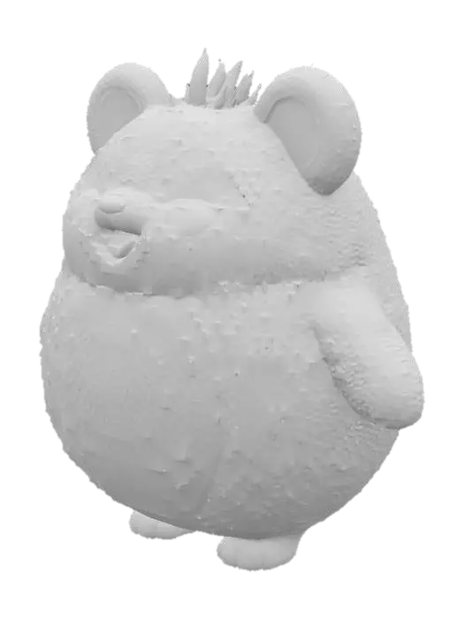 3D model for A textured, cartoon-style, extra large, extra fat anthropomorphic animal character with a spherical shape. The character displays typical wooly, furry and fluffy features such as lush fur, animal-like ears and tail, extra large bulbous, bulging eyes, and a cute nose. Despite the character's size, they exude a warm, friendly aura, inviting viewers into their world, their demeanor expresses joy and contentment.