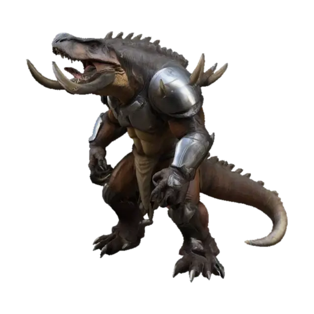 3D model for Fantasy, Create a Highly Detailed, Ultra Realistic, antropomorphic fusion between an ultra muscular T-Rex and a mammoth with a shiny mandelorian-like armour, Full Body, Symmetrical Body, Battle Pose,
