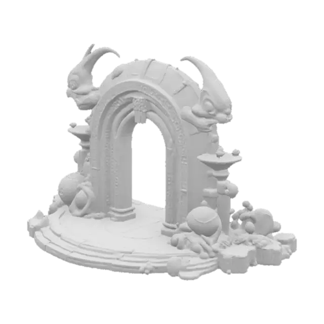 3D model for #arch#, Stylized, Fantasy, Sci-Fi arch with extraterrestrial gargoyles on or before the arch. Distinguishable features have distinguishable shiny metal colors