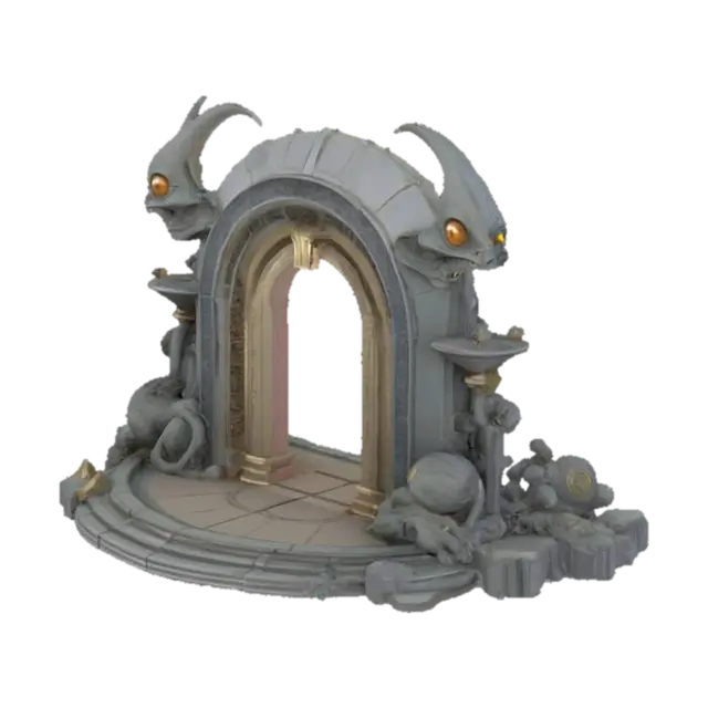 3D model for #arch#, Stylized, Fantasy, Sci-Fi arch with extraterrestrial gargoyles on or before the arch. Distinguishable features have distinguishable shiny metal colors