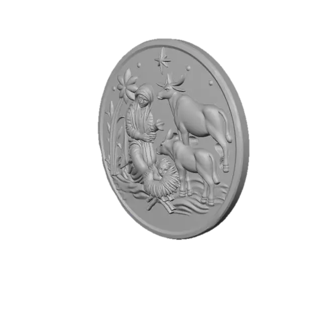 3D model for A double sided silver coin featuring a detailed nativity scene, with a ridged edge visible on the left side, set against a plain white background. The coin's surface is intricately engraved with the figures of Mary and Joseph kneeling beside the manger, where the baby Jesus lies, surrounded by a donkey and an ox, with a sheep to the left. A golden  star shines above the manger, surrounded by smaller stars in the night sky. The figures of Mary and Joseph are adorned with halos, as is the baby Jesus. The coin's design is rendered in a detailed, high-relief style, with textured surfaces and intricate details. At the bottmon of the coin is the text written "The savior is born"