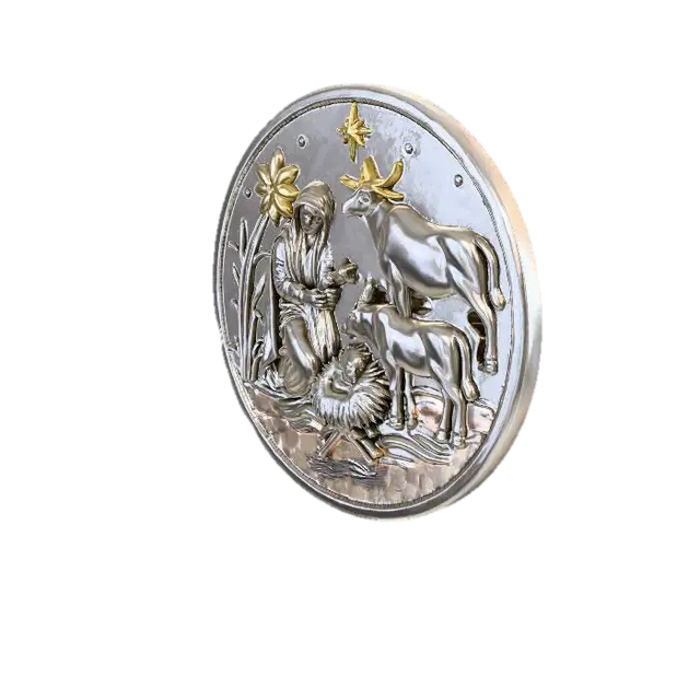 3D model for A double sided silver coin featuring a detailed nativity scene, with a ridged edge visible on the left side, set against a plain white background. The coin's surface is intricately engraved with the figures of Mary and Joseph kneeling beside the manger, where the baby Jesus lies, surrounded by a donkey and an ox, with a sheep to the left. A golden  star shines above the manger, surrounded by smaller stars in the night sky. The figures of Mary and Joseph are adorned with halos, as is the baby Jesus. The coin's design is rendered in a detailed, high-relief style, with textured surfaces and intricate details. At the bottmon of the coin is the text written "The savior is born"