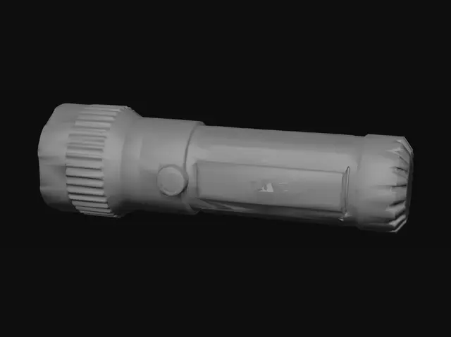 3D model for Modern tactical flashlight, cylindrical shape, standalone 3D object. Matte black anodized aluminum alloy body, precise linear grip patterns on the handle. Sleek geometric bezel around a clear glass lens, visible high-intensity LED chip inside a silver metallic reflector cone. Minimalist rectangular rubber power button on the middle section. PBR materials, clean metallic and roughness maps, crisp industrial design details, sharp edges, optimized game asset topology.