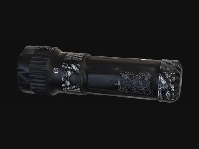 3D model for Modern tactical flashlight, cylindrical shape, standalone 3D object. Matte black anodized aluminum alloy body, precise linear grip patterns on the handle. Sleek geometric bezel around a clear glass lens, visible high-intensity LED chip inside a silver metallic reflector cone. Minimalist rectangular rubber power button on the middle section. PBR materials, clean metallic and roughness maps, crisp industrial design details, sharp edges, optimized game asset topology.
