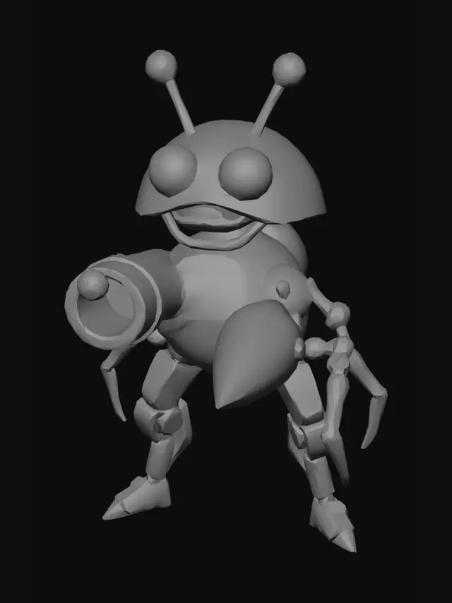 3D model for Chunky stylized mechanical crab creature, 'Bubble-Blaster', inspired by Brawl Stars art style. Thick, glossy red-orange round shell with big, goofy cartoon eyes on stalks. One arm is a normal thick crab claw; the other arm is a massive, oversized round metallic bubble-cannon pipe. Low, wide stance with short chunky legs. High-contrast vibrant colors, clean geometric shapes. Stylized anime cel-shaded, mobile optimized topology (under 6k faces), default A-pose, no floor pedestal."