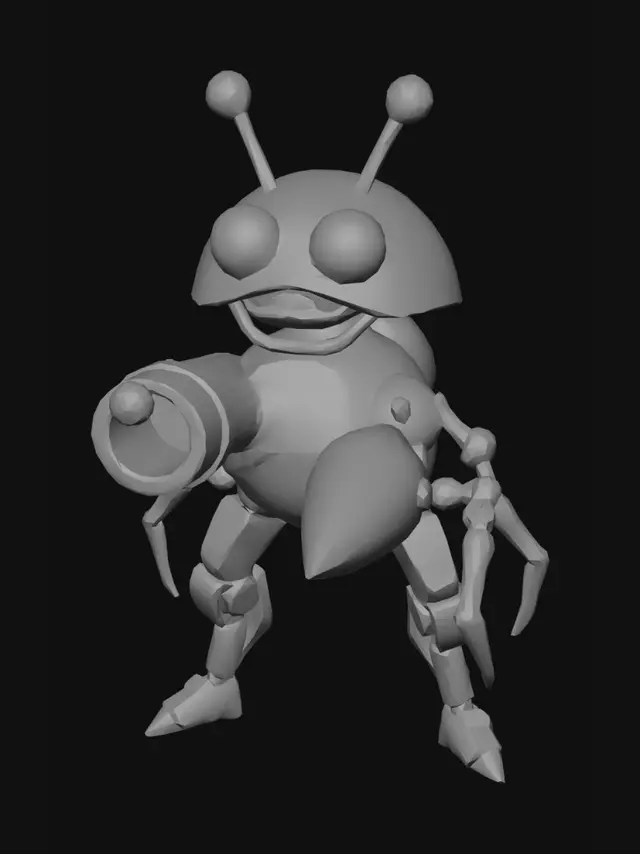 3D model for Chunky stylized mechanical crab creature, 'Bubble-Blaster', inspired by Brawl Stars art style. Thick, glossy red-orange round shell with big, goofy cartoon eyes on stalks. One arm is a normal thick crab claw; the other arm is a massive, oversized round metallic bubble-cannon pipe. Low, wide stance with short chunky legs. High-contrast vibrant colors, clean geometric shapes. Stylized anime cel-shaded, mobile optimized topology (under 6k faces), default A-pose, no floor pedestal."