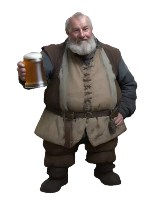 jim benson, a medieval tavern owner. he is 65 years old, slightly large and had a beer… 3D model, vytvořený pomocí AI