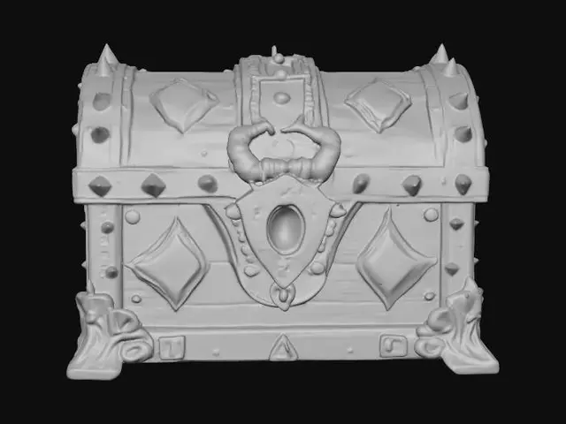 3D model for A hyper-detailed 3D model of an epic fantasy loot chest, ornate and majestic, forged from ancient dark steel with glowing golden inlays and arcane runes. The chest is reinforced with massive, spiked corners and intricate dragon motifs carved into the metal. Jewels shimmer across its surface — emeralds, sapphires, and glowing crimson crystals. The lock is shaped like a demonic eye, pulsating with magical energy. Weathered wood panels with metallic trims give it a rugged, battle-worn feel, while faint ethereal smoke leaks from the seams, suggesting immense treasure and forbidden magic within. Ultra high-poly detail, realistic textures, cinematic lighting, perfectly symmetrical, designed for AAA fantasy RPG aesthetics.