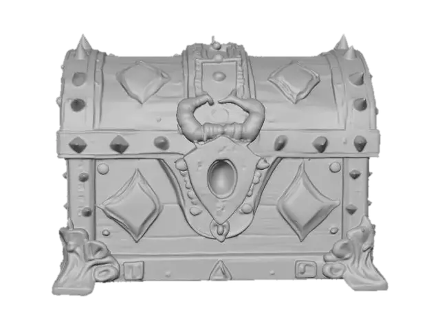3D model for A hyper-detailed 3D model of an epic fantasy loot chest, ornate and majestic, forged from ancient dark steel with glowing golden inlays and arcane runes. The chest is reinforced with massive, spiked corners and intricate dragon motifs carved into the metal. Jewels shimmer across its surface — emeralds, sapphires, and glowing crimson crystals. The lock is shaped like a demonic eye, pulsating with magical energy. Weathered wood panels with metallic trims give it a rugged, battle-worn feel, while faint ethereal smoke leaks from the seams, suggesting immense treasure and forbidden magic within. Ultra high-poly detail, realistic textures, cinematic lighting, perfectly symmetrical, designed for AAA fantasy RPG aesthetics.