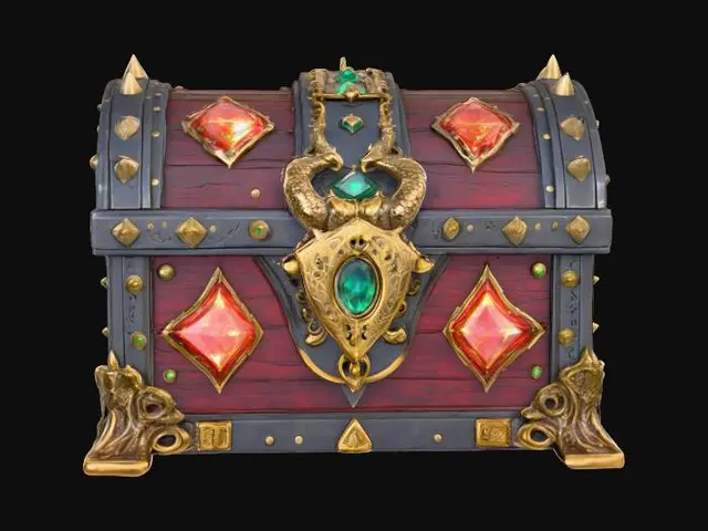 3D model for A hyper-detailed 3D model of an epic fantasy loot chest, ornate and majestic, forged from ancient dark steel with glowing golden inlays and arcane runes. The chest is reinforced with massive, spiked corners and intricate dragon motifs carved into the metal. Jewels shimmer across its surface — emeralds, sapphires, and glowing crimson crystals. The lock is shaped like a demonic eye, pulsating with magical energy. Weathered wood panels with metallic trims give it a rugged, battle-worn feel, while faint ethereal smoke leaks from the seams, suggesting immense treasure and forbidden magic within. Ultra high-poly detail, realistic textures, cinematic lighting, perfectly symmetrical, designed for AAA fantasy RPG aesthetics.