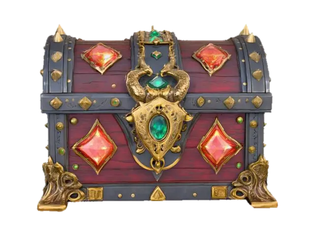 3D model for A hyper-detailed 3D model of an epic fantasy loot chest, ornate and majestic, forged from ancient dark steel with glowing golden inlays and arcane runes. The chest is reinforced with massive, spiked corners and intricate dragon motifs carved into the metal. Jewels shimmer across its surface — emeralds, sapphires, and glowing crimson crystals. The lock is shaped like a demonic eye, pulsating with magical energy. Weathered wood panels with metallic trims give it a rugged, battle-worn feel, while faint ethereal smoke leaks from the seams, suggesting immense treasure and forbidden magic within. Ultra high-poly detail, realistic textures, cinematic lighting, perfectly symmetrical, designed for AAA fantasy RPG aesthetics.