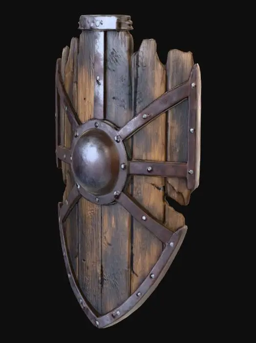 3D model for wooden shield with metal rim partially broken
