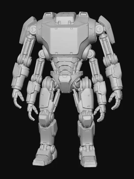 3D model for A formidable, four-armed robotic guardian, its body cast from dark, matte titanium with visible, heavy-duty hydraulic pistons. Its broad chest bears an etched, glowing symbol of interlocking hands, radiating a soft, golden light. The robot's powerful, articulated limbs and stable, blocky base emphasize defensive strength and solidarity, rendered with a rugged, industrial texture contrasted by the sleek, glowing emblem of community.