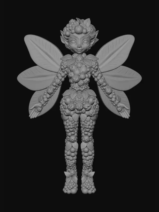 3D model for A whimsical "Berry Forest Sprite," its delicate form crafted from plump, ripe blueberries, raspberries, and blackberries, interspersed with vibrant green mint leaves. Its translucent wings are made of thinly sliced strawberry petals, shimmering in soft light. The texture is soft, juicy, and slightly bumpy from the berries, creating a vibrant, natural aesthetic in a detailed, fantastical 3D render.
