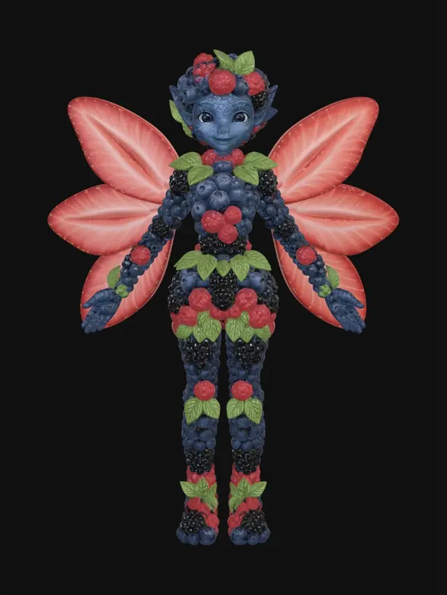 3D model for A whimsical "Berry Forest Sprite," its delicate form crafted from plump, ripe blueberries, raspberries, and blackberries, interspersed with vibrant green mint leaves. Its translucent wings are made of thinly sliced strawberry petals, shimmering in soft light. The texture is soft, juicy, and slightly bumpy from the berries, creating a vibrant, natural aesthetic in a detailed, fantastical 3D render.
