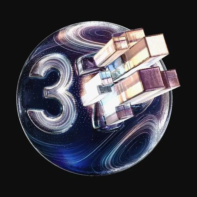 3D model for A celestial sphere, shimmering with opalescent digital data streams, subtly forming a stylized '3' on its surface. From its core, geometric crystalline shapes emerge and solidify, representing ideas transforming into tangible 3D models. The surface is smooth, with an ethereal glow of evolving color from deep blues to warm oranges, embodying imagination brought to life and radiating the warmth of creation.
