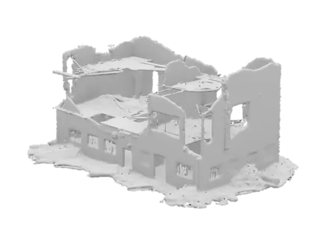 3D model for destroyed building, partially collapsed with broken walls, exposed steel beams, shattered windows, post-apocalyptic atmosphere