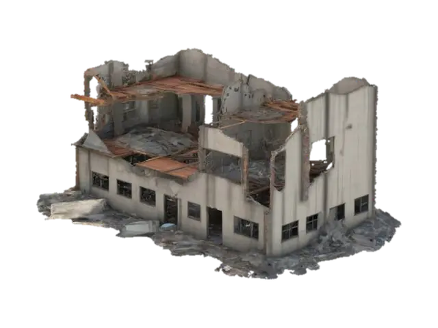 3D model for destroyed building, partially collapsed with broken walls, exposed steel beams, shattered windows, post-apocalyptic atmosphere