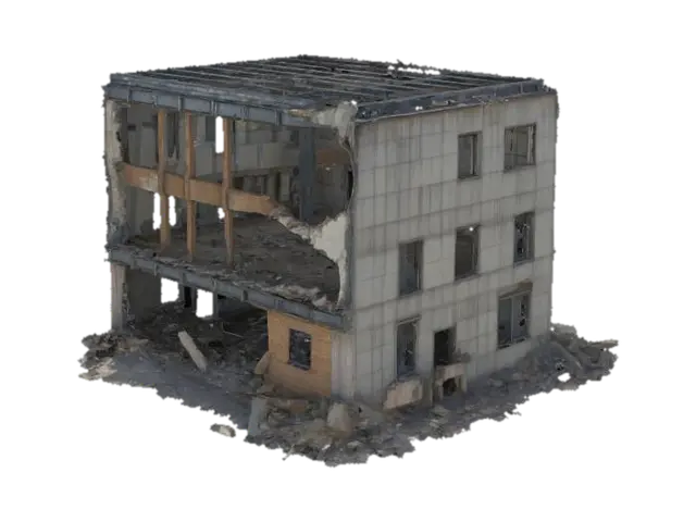 destroyed building, partially collapsed with broken walls, exposed steel beams,… 3D model, vytvořený pomocí AI