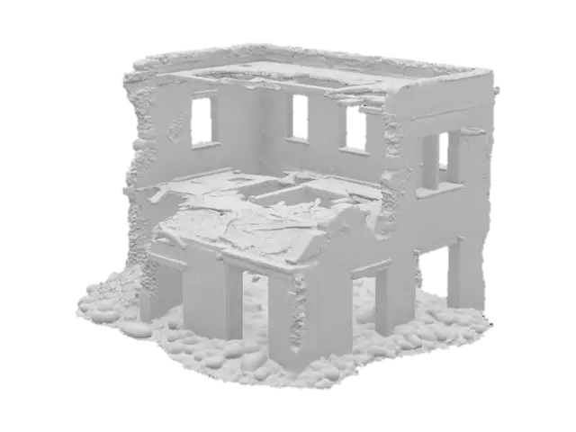3D model for destroyed building, partially collapsed with broken walls, exposed steel beams, shattered windows, post-apocalyptic atmosphere