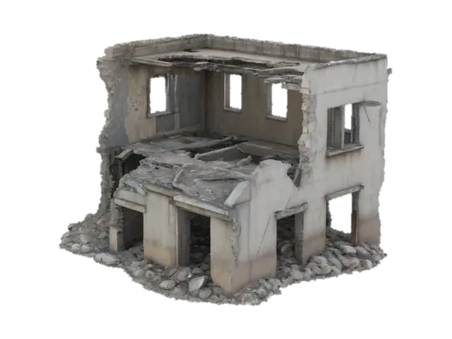 3D model for destroyed building, partially collapsed with broken walls, exposed steel beams, shattered windows, post-apocalyptic atmosphere