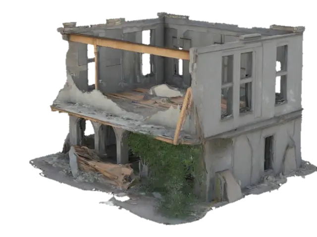 destroyed building, partially collapsed with broken walls, exposed steel beams,… 3D model, vytvořený pomocí AI