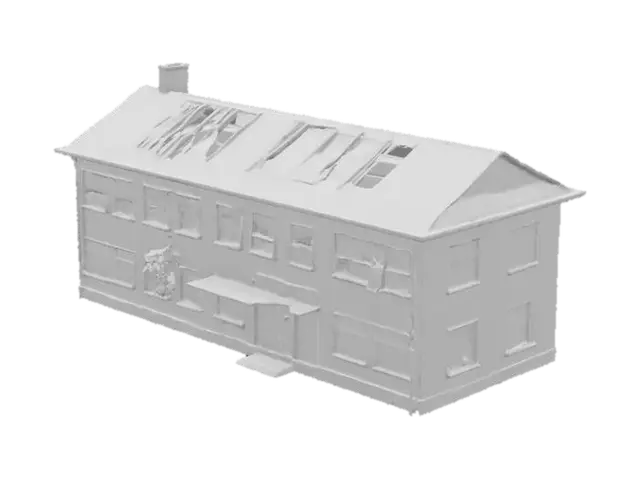 3D model for destroyed public school building, with broken classroom windows, collapsed roof sections, overgrown weeds creeping through the floor, abandoned playground visible in the background,Ultra realistic,high detailed