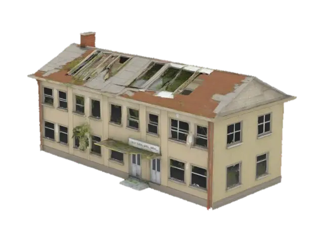3D model for destroyed public school building, with broken classroom windows, collapsed roof sections, overgrown weeds creeping through the floor, abandoned playground visible in the background,Ultra realistic,high detailed