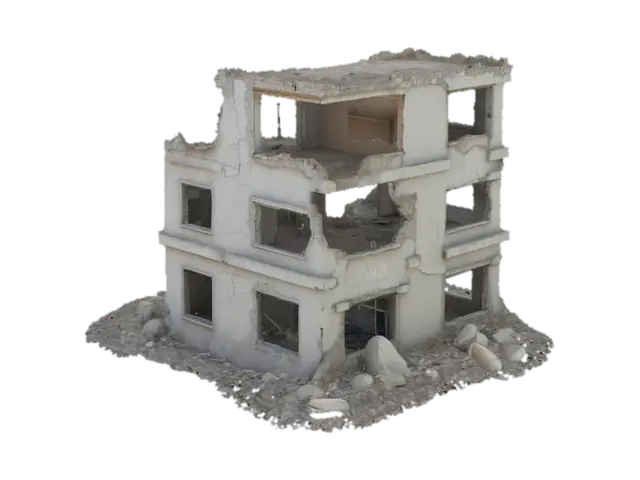 damaged building after an explosion, walls cracked and partially collapsed,… 3D model, vytvořený pomocí AI