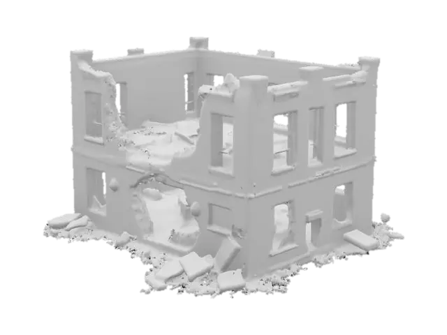 3D model for damaged building after an explosion, walls cracked and partially collapsed, post-apocalyptic
