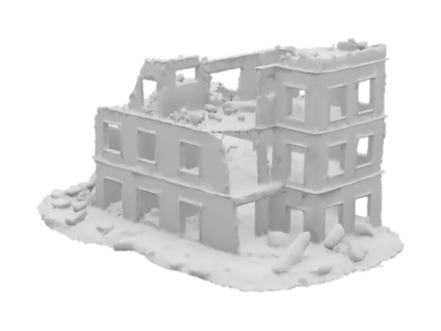 3D model for damaged building after an explosion, walls cracked and partially collapsed, post-apocalyptic