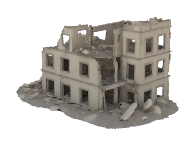 3D model for damaged building after an explosion, walls cracked and partially collapsed, post-apocalyptic