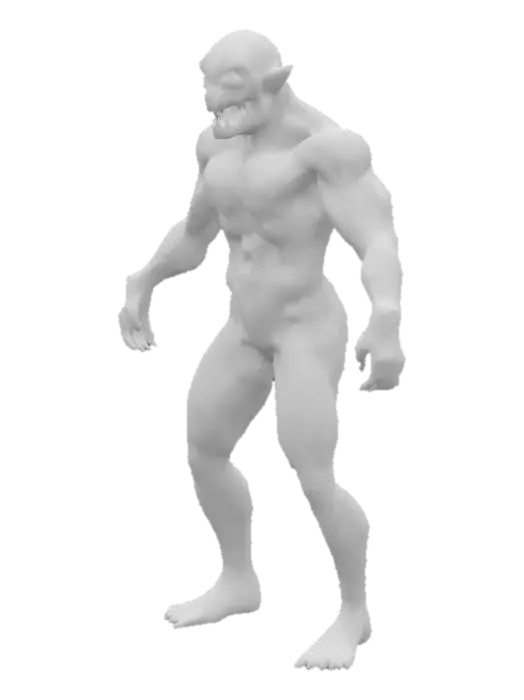 3D model for "A horrifying mutated creature with sinewy limbs, glowing veins, and an intimidating humanoid frame. Its face is stretched into a wide snarl, with shadowy indentations where eyes should be, and a large jaw full of uneven teeth. Its arms and chest are muscular and built for power, with extended clawed fingers. The skin appears pale, rough, and covered in dark markings and cracks. Designed to be a fast, aggressive enemy in a horror-survival video game. Standing in a T-pose