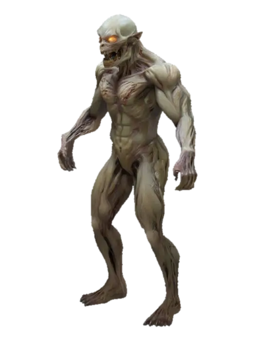 3D model for "A horrifying mutated creature with sinewy limbs, glowing veins, and an intimidating humanoid frame. Its face is stretched into a wide snarl, with shadowy indentations where eyes should be, and a large jaw full of uneven teeth. Its arms and chest are muscular and built for power, with extended clawed fingers. The skin appears pale, rough, and covered in dark markings and cracks. Designed to be a fast, aggressive enemy in a horror-survival video game. Standing in a T-pose
