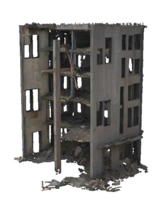 destroyed building, partially collapsed with broken walls, exposed steel beams,… 3D model, vytvořený pomocí AI