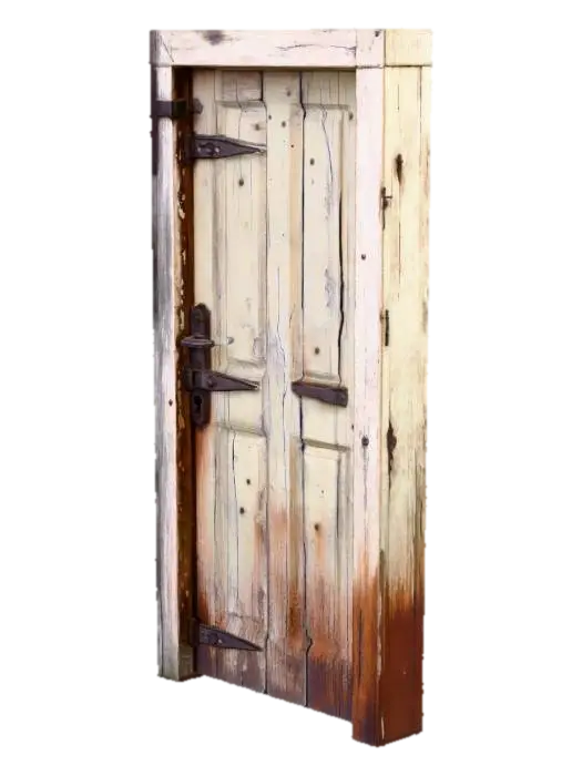 An old, wooden door .The wood is cracked and splintered, with peeling paint and… - Decayed 3D model, vytvořený pomocí AI