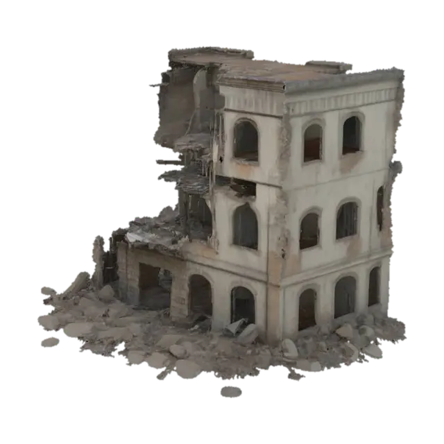 destroyed building, partially collapsed with broken walls, exposed steel beams,… 3D model, vytvořený pomocí AI