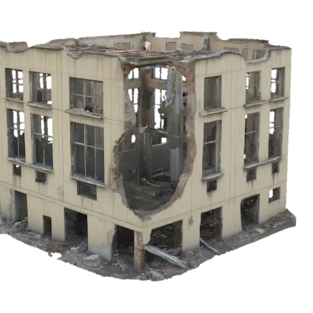 destroyed building, partially collapsed with broken walls, exposed steel beams,… 3D model, vytvořený pomocí AI