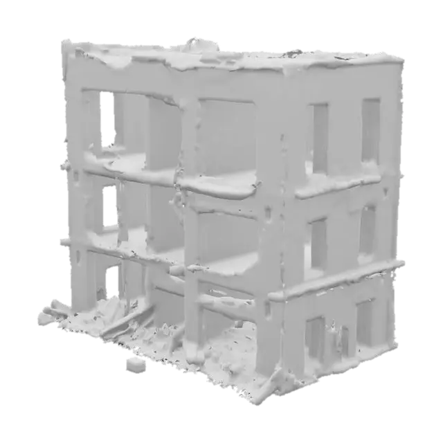 3D model for destroyed building, partially collapsed with broken walls, exposed steel beams, shattered windows, post-apocalyptic atmosphere