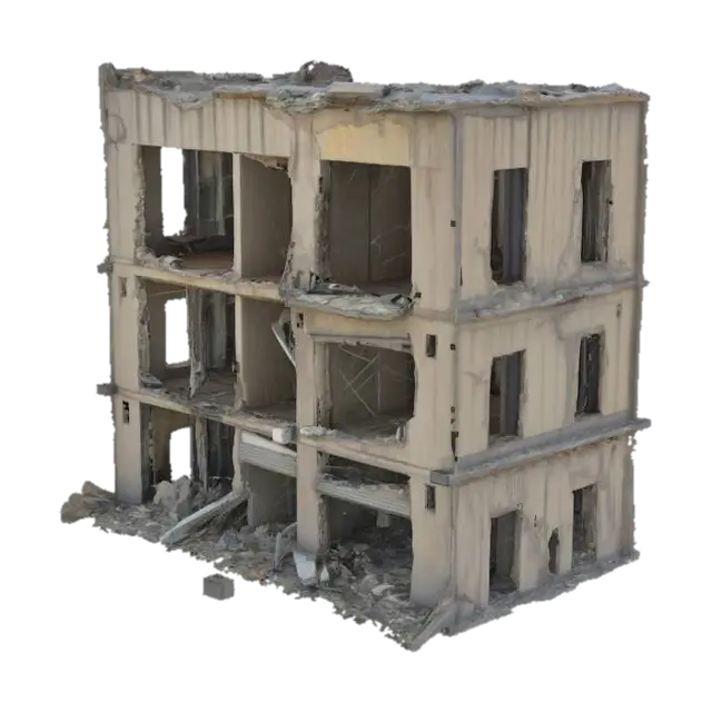 3D model for destroyed building, partially collapsed with broken walls, exposed steel beams, shattered windows, post-apocalyptic atmosphere