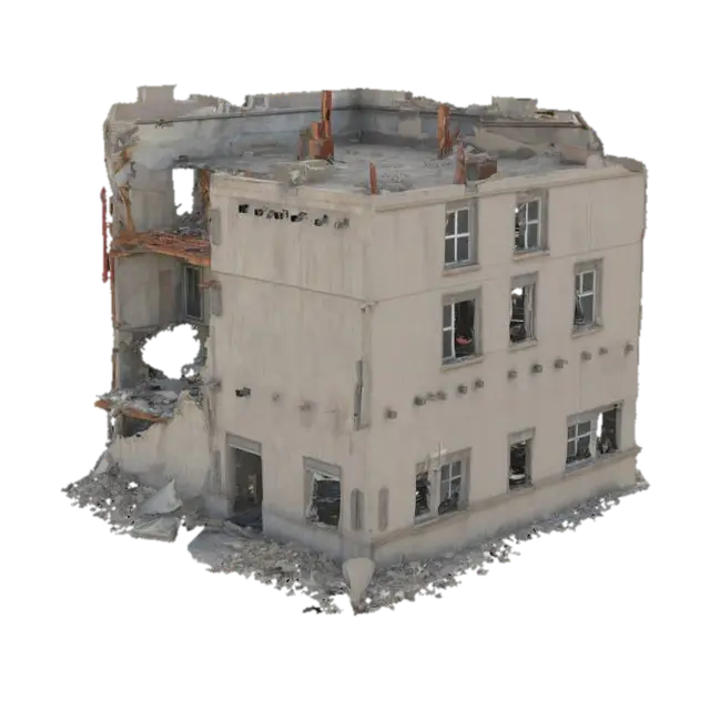 destroyed building, partially collapsed with broken walls, exposed steel beams,… 3D model, vytvořený pomocí AI