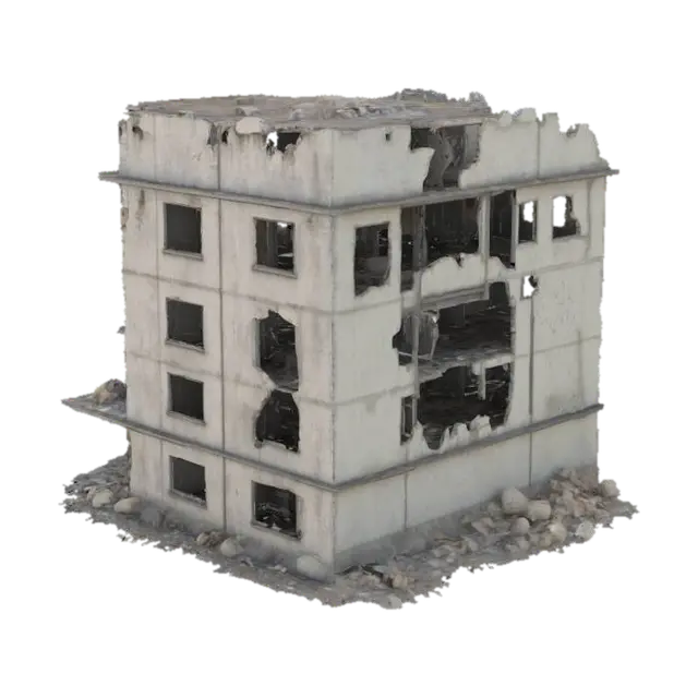 destroyed building, partially collapsed with broken walls, exposed steel beams,… 3D model, vytvořený pomocí AI