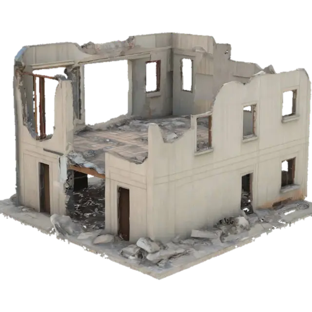 destroyed building, partially collapsed with broken walls, exposed steel beams,… 3D model, vytvořený pomocí AI