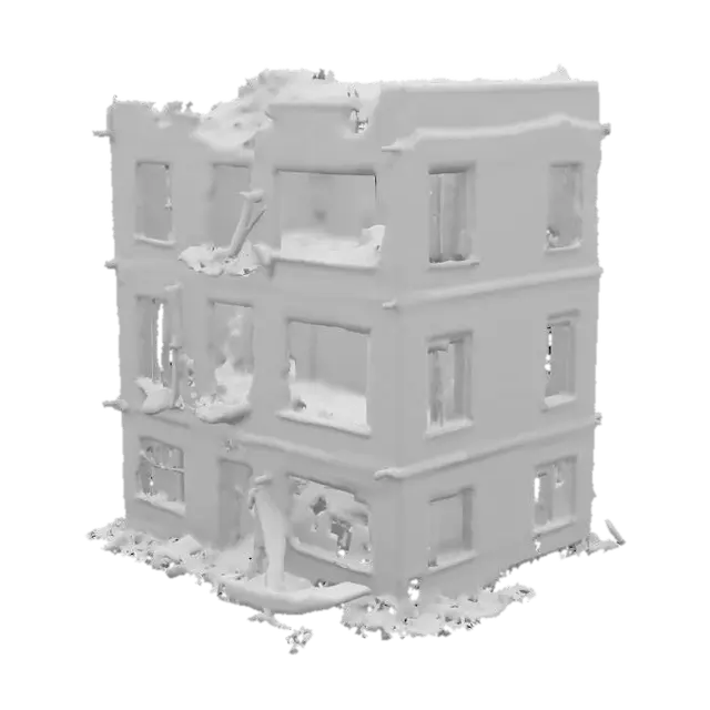 3D model for damaged building after an explosion, walls cracked and partially collapsed, post-apocalyptic