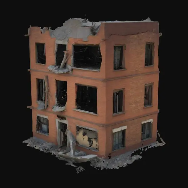 3D model for damaged building after an explosion, walls cracked and partially collapsed, post-apocalyptic