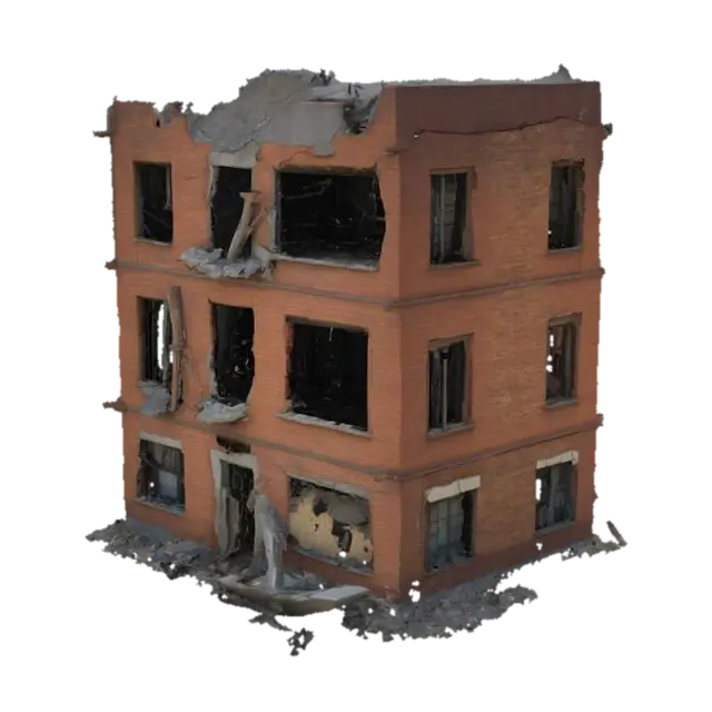 3D model for damaged building after an explosion, walls cracked and partially collapsed, post-apocalyptic