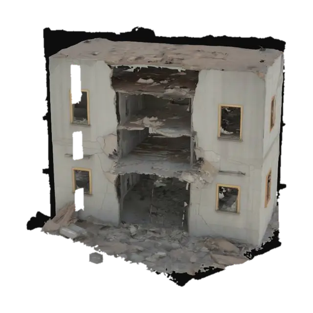 damaged building after an explosion, walls cracked and partially collapsed,… 3D model, vytvořený pomocí AI
