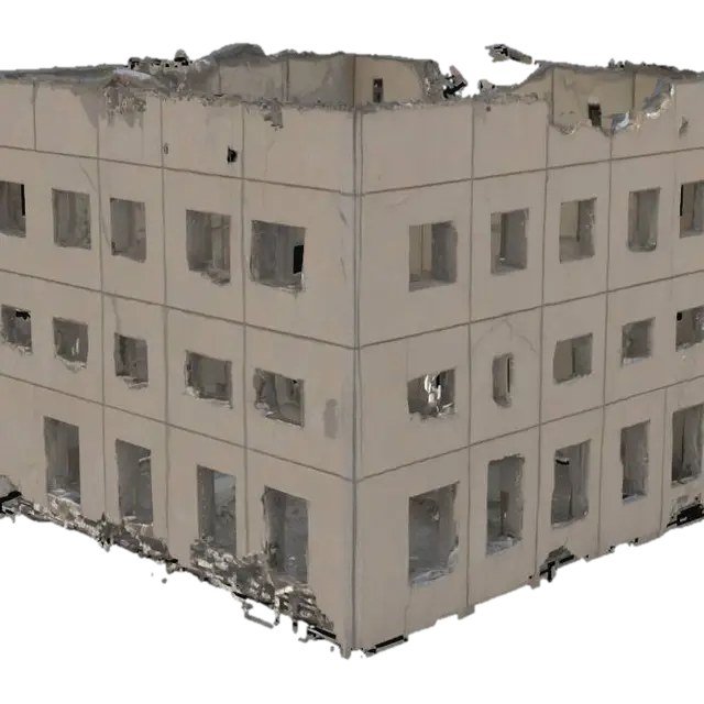 damaged building after an explosion, walls cracked and partially collapsed,… 3D model, vytvořený pomocí AI